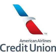 American Airlines Credit Union logo featuring a red, blue, and silver abstract ribbon icon above the company name on a light gray background.