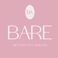 Bare Aesthetics Dallas logo featuring elegant white typography and a circular “BA” emblem on a soft pink background.