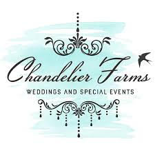 Chandelier Farms logo with decorative chandelier-inspired flourishes, elegant script typography, and “Weddings and Special Events” text on a soft watercolor background.