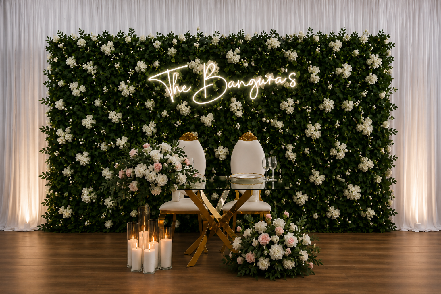  flower wall backdrop with sweetheart table