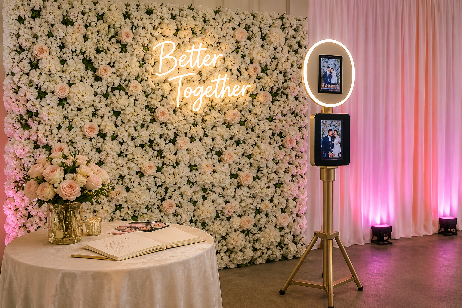Luxury photo booth and flower wall rental setup in DFW Luxury flower wall rental and modern photo booth setup in Dallas Fort Worth