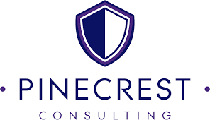 pinecrest Consulting logo with a purple shield emblem centered above the company name in navy and purple text on a light gray background.