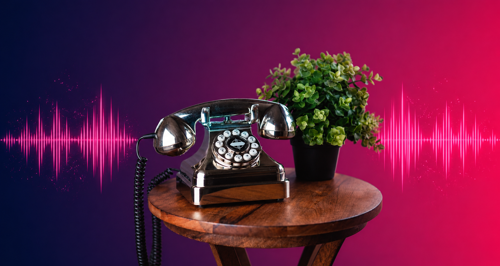Retro phone with neon waveform vibes Landscape promotional banner featuring a vintage chrome audio guestbook telephone centered on a wooden table with a potted plant, set against a navy-to-pink gradient background with bright pink sound wave graphics extending on both sides, creating a modern luxury audio experience aesthetic.