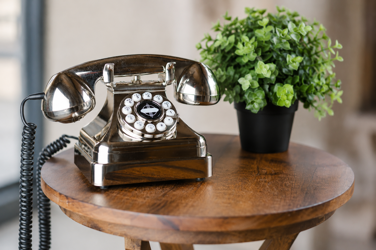 Vintage rotary telephone with potted plant Vintage audio guest book phone on wooden table