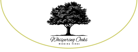Whispering Oaks Wedding Venue logo featuring a black tree silhouette centered above elegant script text within a curved olive-green border design.
