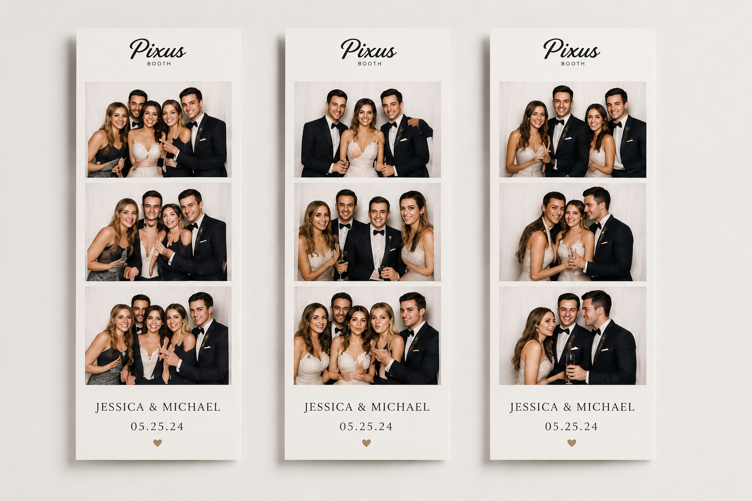 Personalized photo booth overlays and custom wedding photo strips created by PixUs Booth for Dallas-Fort Worth events.